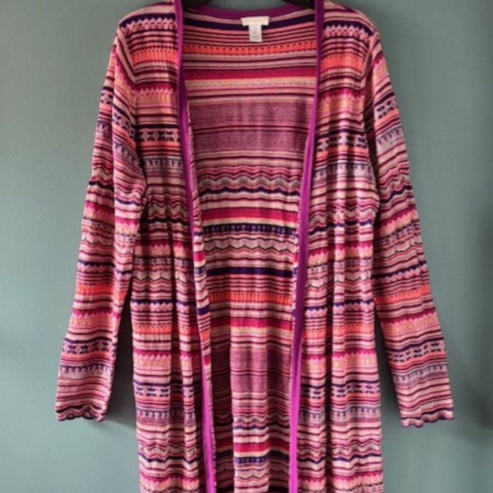 Chicos Pink Purple Striped Open Textured Knit Cardigan Topper Colorful Boho 2/L